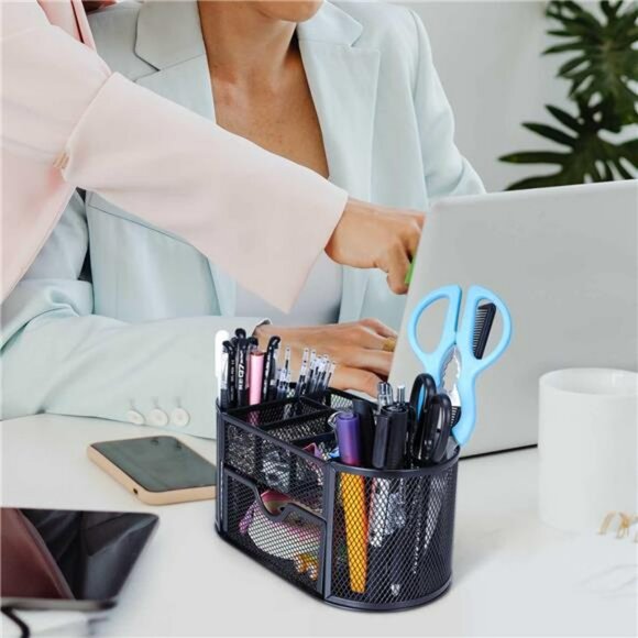 Black mesh pen holder desk organizer with drawer pencil and marker storage caddy - Picture 2 of 8